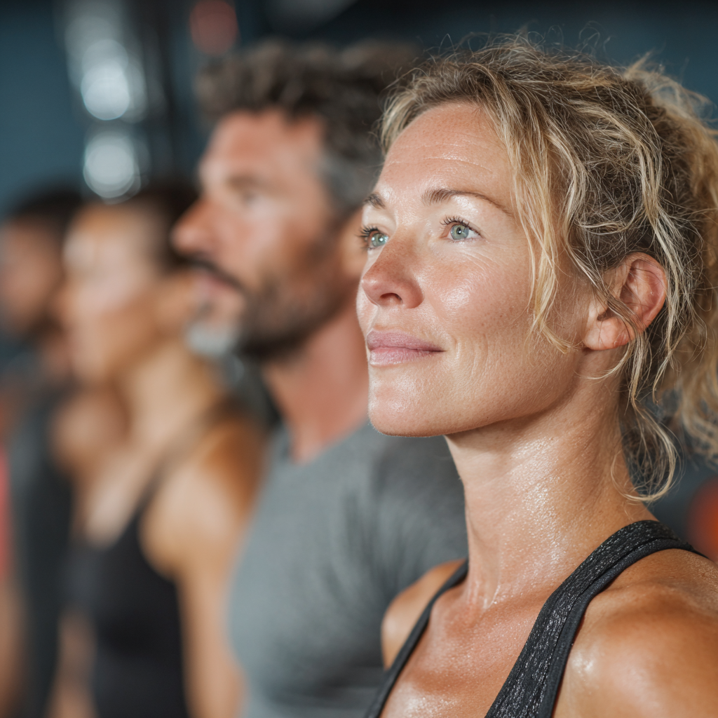 Energetic fitness instructor leading a diverse group of people in their forties during a functional training session