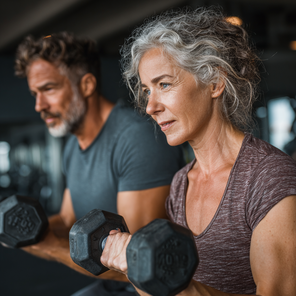 Experienced fitness trainer working with a motivated woman in her fifties using dumbbells in a modern gym setting