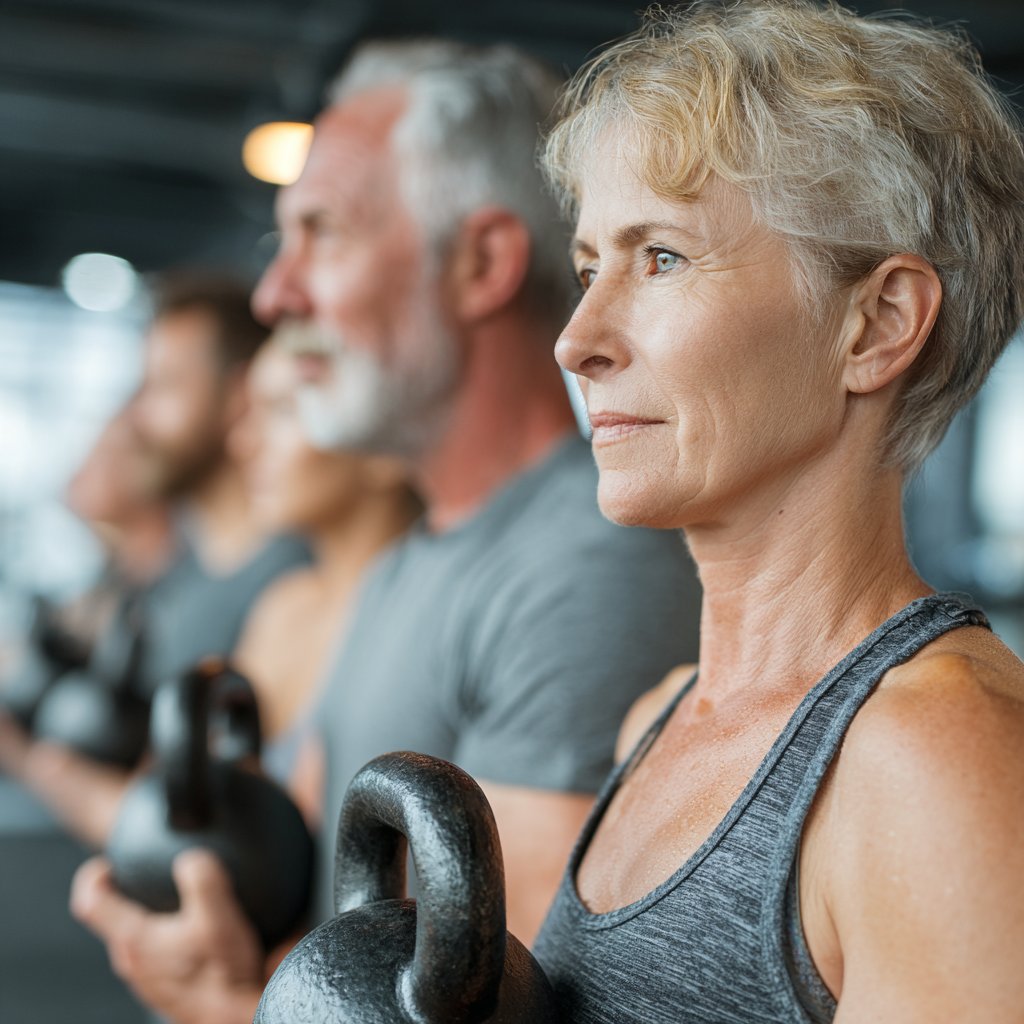 Group of middle-aged adults around 45-50 years old exercising together with kettlebells in a bright fitness studio